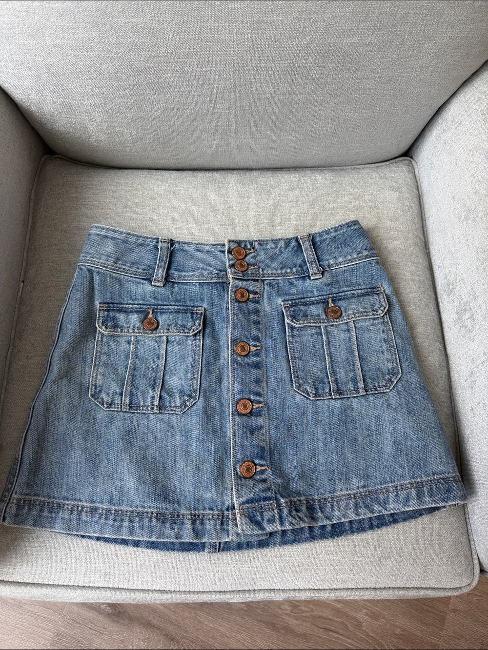 Denim Button-Front Mini Skirt - Blue - Picture 1 of 5